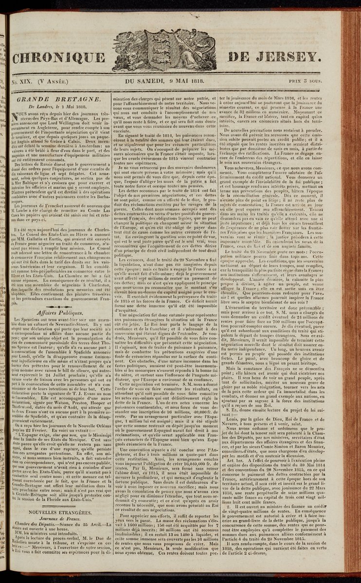 Numérisation des journaux publiés à Jersey

Nous sommes heureux d'annoncer que la numérisation de notre collection de journaux est maintenant terminée.
29 titres datant de 1784 à 1959, la plupart en français, sont désormais accessibles sur societe.je
