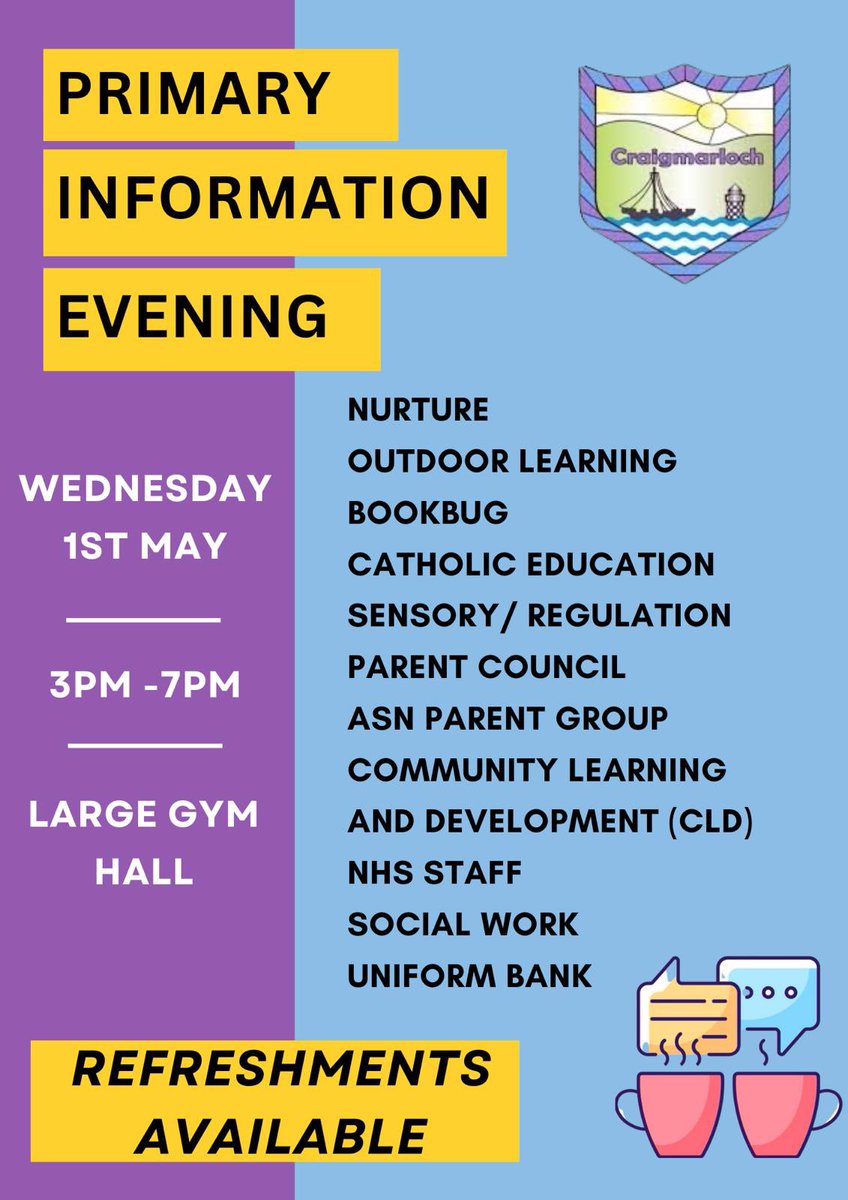 The Primary Information Evening will take place in the large gym hall during the Primary Parents' Evening, on Wednesday 1st May. Please drop in before or after your appointment to chat and find out what support other agencies can provide for your young person. @CraigmarlochINV