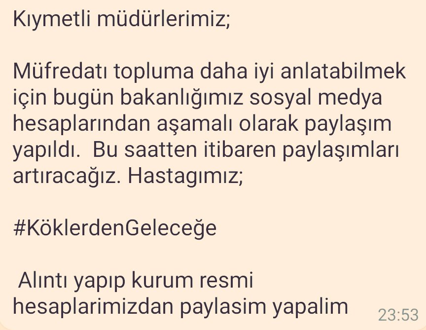 Hani müfredat kamuoyunun görüşüne açılmıştı? Kamuoyunda tartışılacak, görüşler alınacaktı! Milli Eğitim Bakanlığı; il ve ilçe milli eğitim müdürlüklerine, okul müdürlerine, öğretmenlere ve WhatsApp gruplarına aşağıdaki mesajı göndermiş.👇