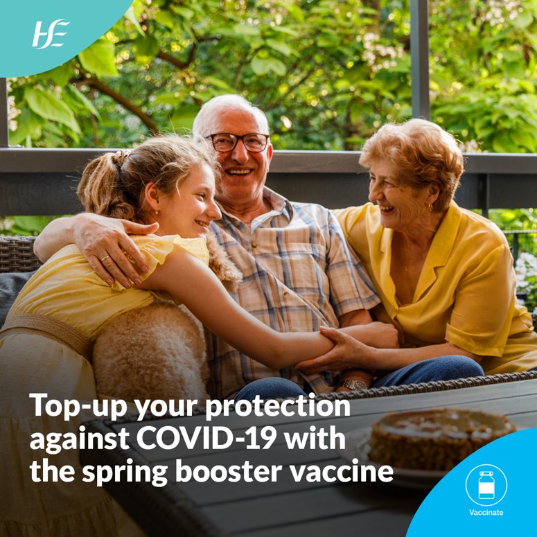 Top up your protection against COVID-19. It's time for your recommended Spring booster if you are aged 80 years or over, or have a weak immune system. For more information, visit: www2.hse.ie/screening-and-… #COVIDVaccine