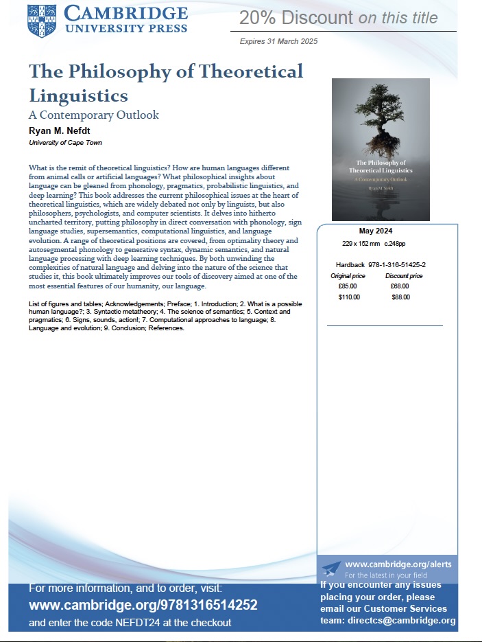 My new book with @CambUP_LangLing is out on philosophical puzzles in theoretical linguistics, from phonology to supersemantics, deep learning & more. I hope to show that philosophy can be an illuminating tool when directed at the study of language. 20% Discount attached