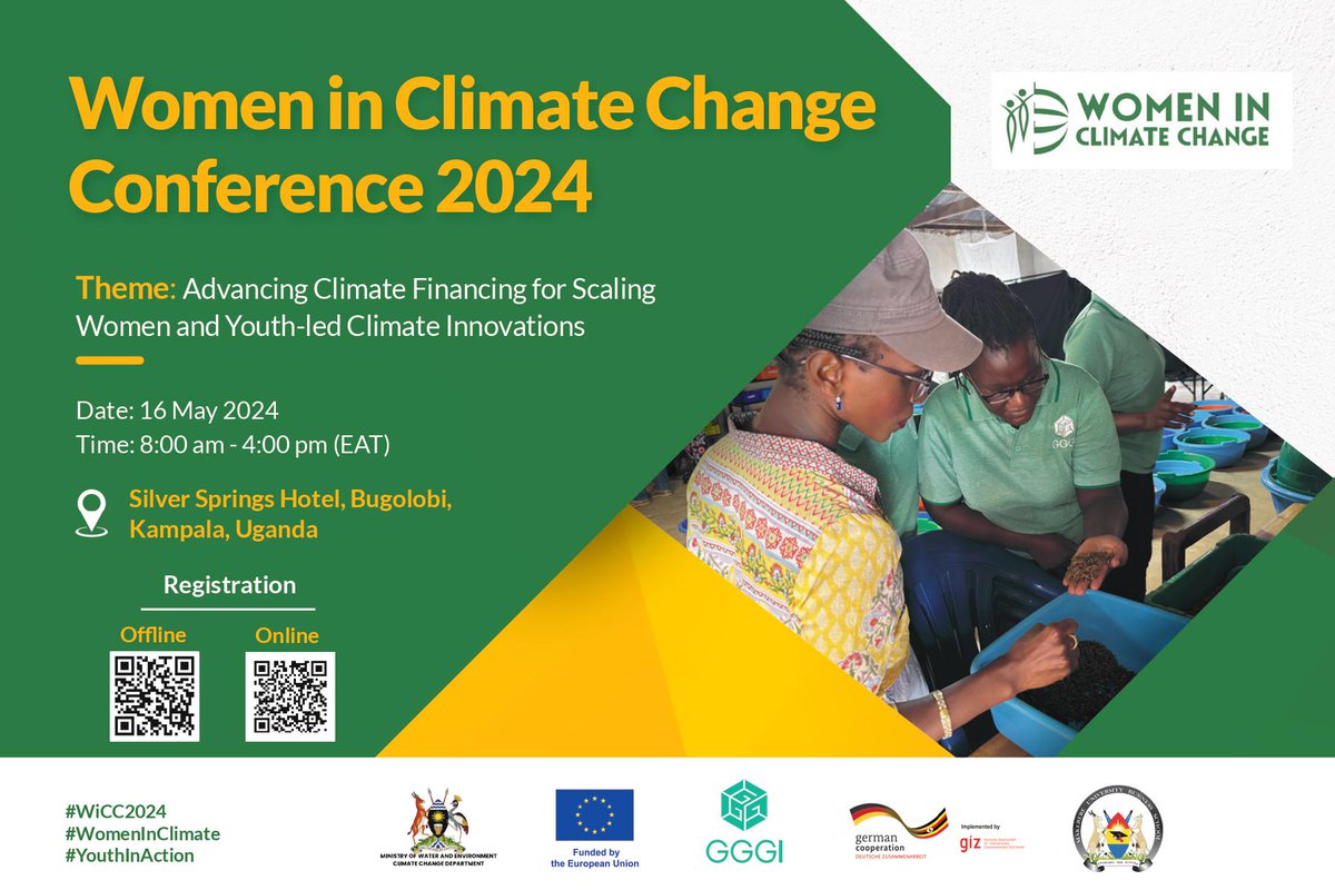 The countdown is on for the #WiCC2024! Join us in Kampala, Uganda, or through Zoom for the conference, where we'll explore the challenges & opportunities for women & youth in #greenentrepreneurship. Get ready to forge partnerships and drive #ClimateAction! #WomenInClimate