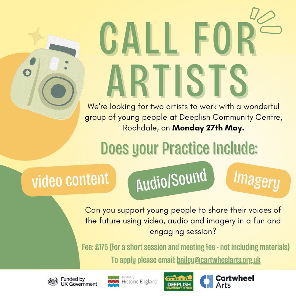 Good Morning! I’m looking for 2 Artists to support young people to share their voices of the future using video, audio and imagery in a fun and engaging session in #Deeplish #Rochdale  #freelanceartist #letscreate #artsjobs @CartwheelArts