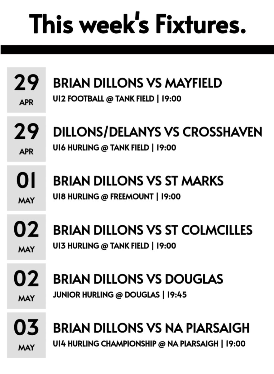 Hurling & Football Fixtures April 29th - May 3rd Get all the latest news on the Brian Dillons GAA app member.clubspot.app/club/brian-dil…