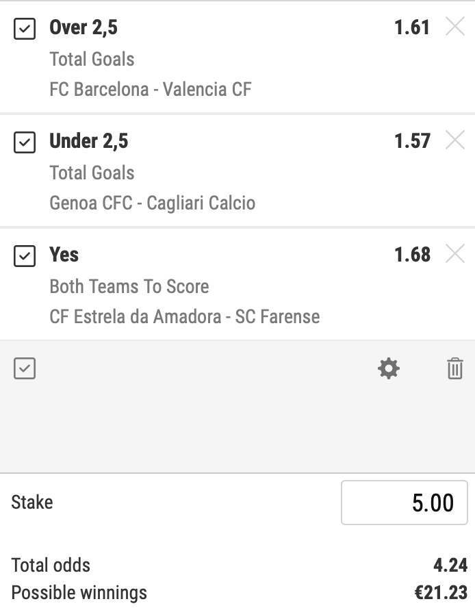 🤩⚽️MONDAY FOOTBALL TIP⚽️🤩

💫Barcelona v Valencia
Total goals - Over 2.5: 1.61
💫Genoa v Cagliari
Total goals - Under 2.5: 1.57
💫Estrella de Amadora v Farense
Both teams to score - YES: 1.68

✅ACCA: 4.24

Don't miss your chance to win ! 🔥💰