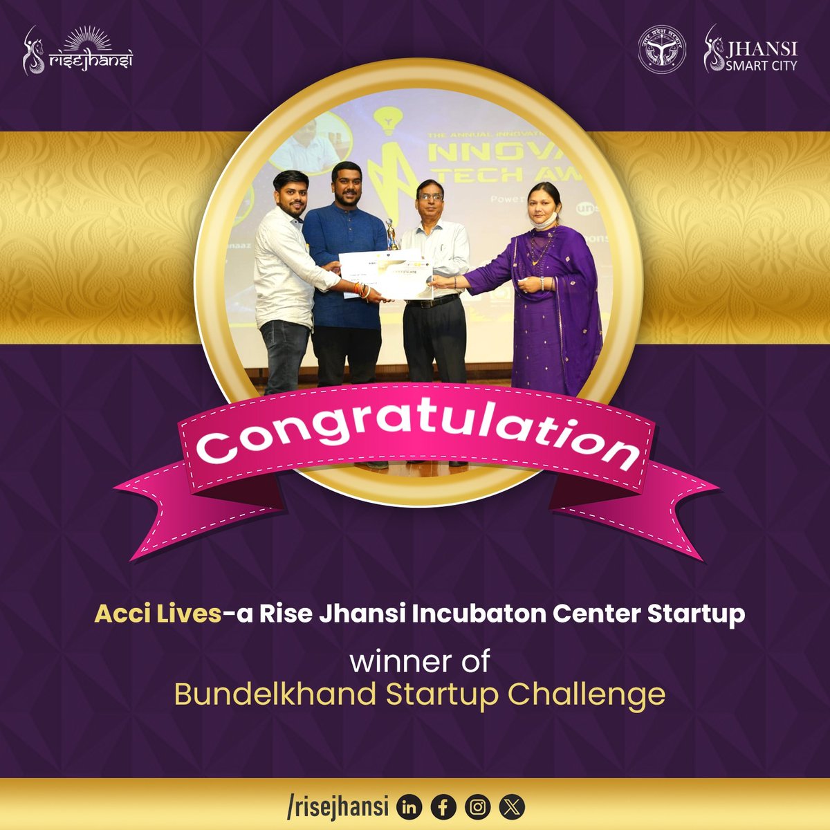 🎉 Congrats to Acci Lives! 🏆 Winner of Bundelkhand Startup Challenge from our RISE Jhansi Incubation  Center. Proud of their innovation! #RISEJhansi #StartupIndia #IM #Incubationmasters