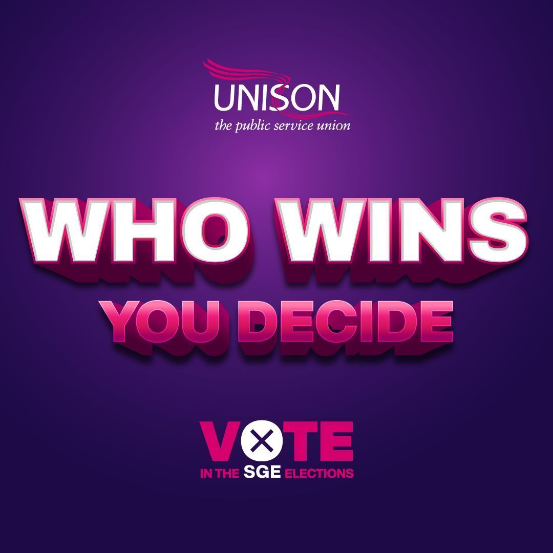 Who wins? You decide 🫵 UNISON's Service Group Executive elections are open. 🗳️Vote online or by post. Our SGEs decide what campaigns we run on pay, public services and can take decisions on strike ballots and strike days. Make your voice heard!