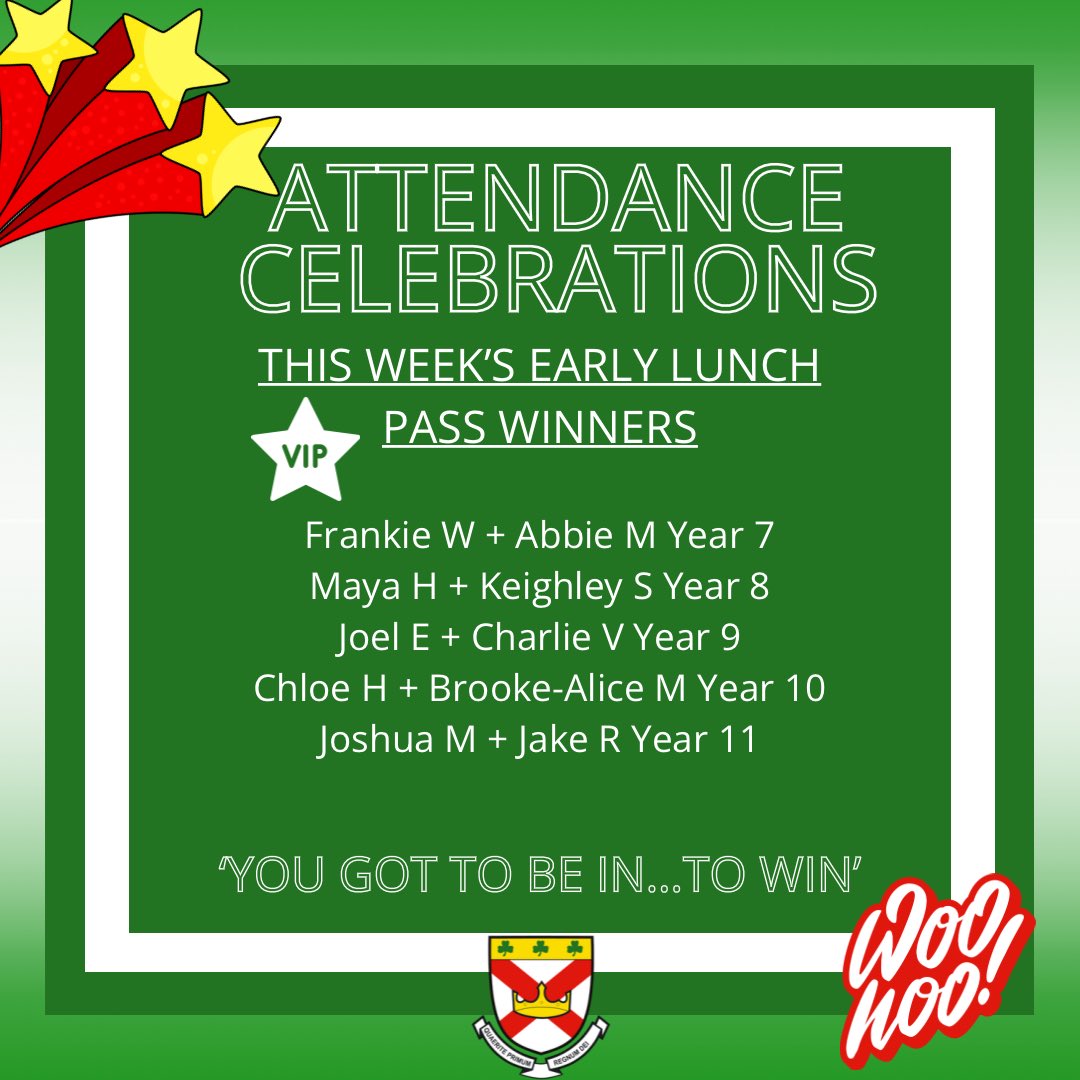 💚🎟☘️ATTENDANCE GOALS☘️🎟💚

What a treat! Such a great award for just being in school! Here’s our VIP winners and they’ll too be first in the lunch queue👏🏼

#stpatsfam #attendance #attendancematters