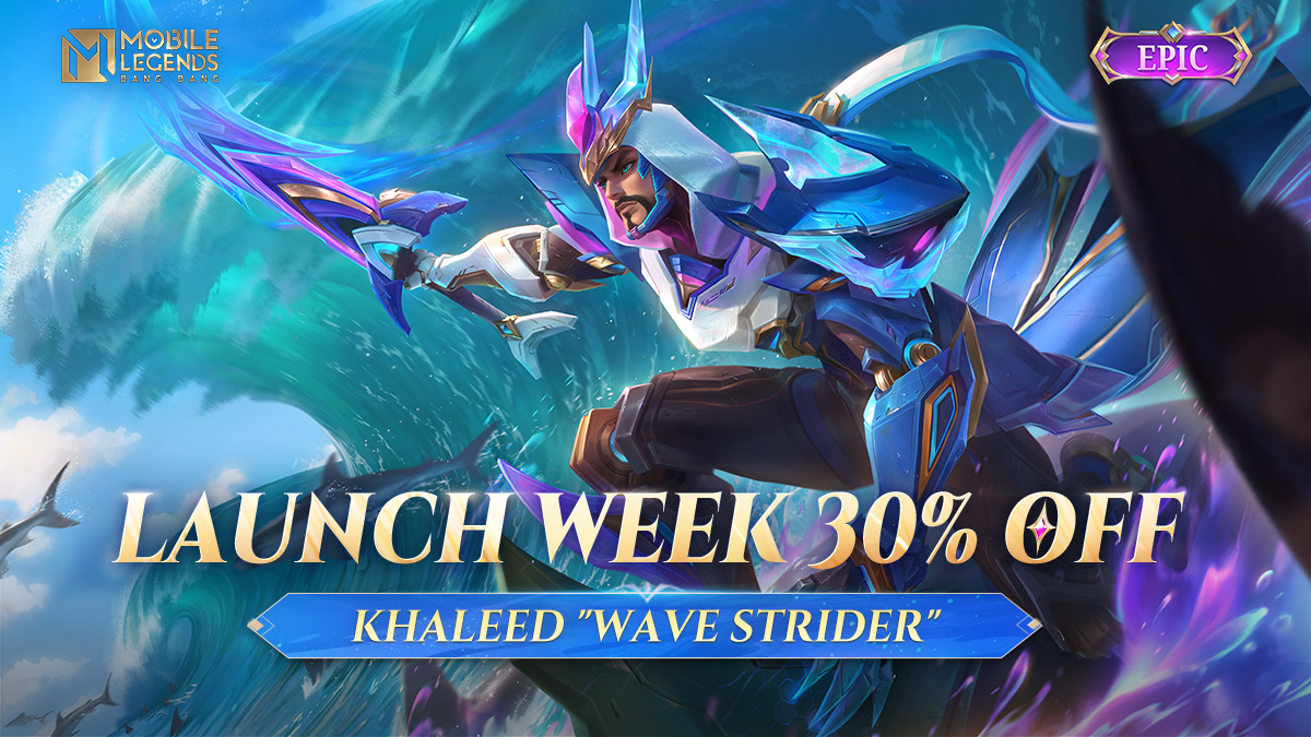 The Guardian of the azure ocean - Khaleed 'Wave Strider' is available in Shop NOW! Enjoy 30% OFF for the skin from 05/07 to 05/13! Come online and add it to your collection! #MobileLegendsBangBang #MLBBNewSkin