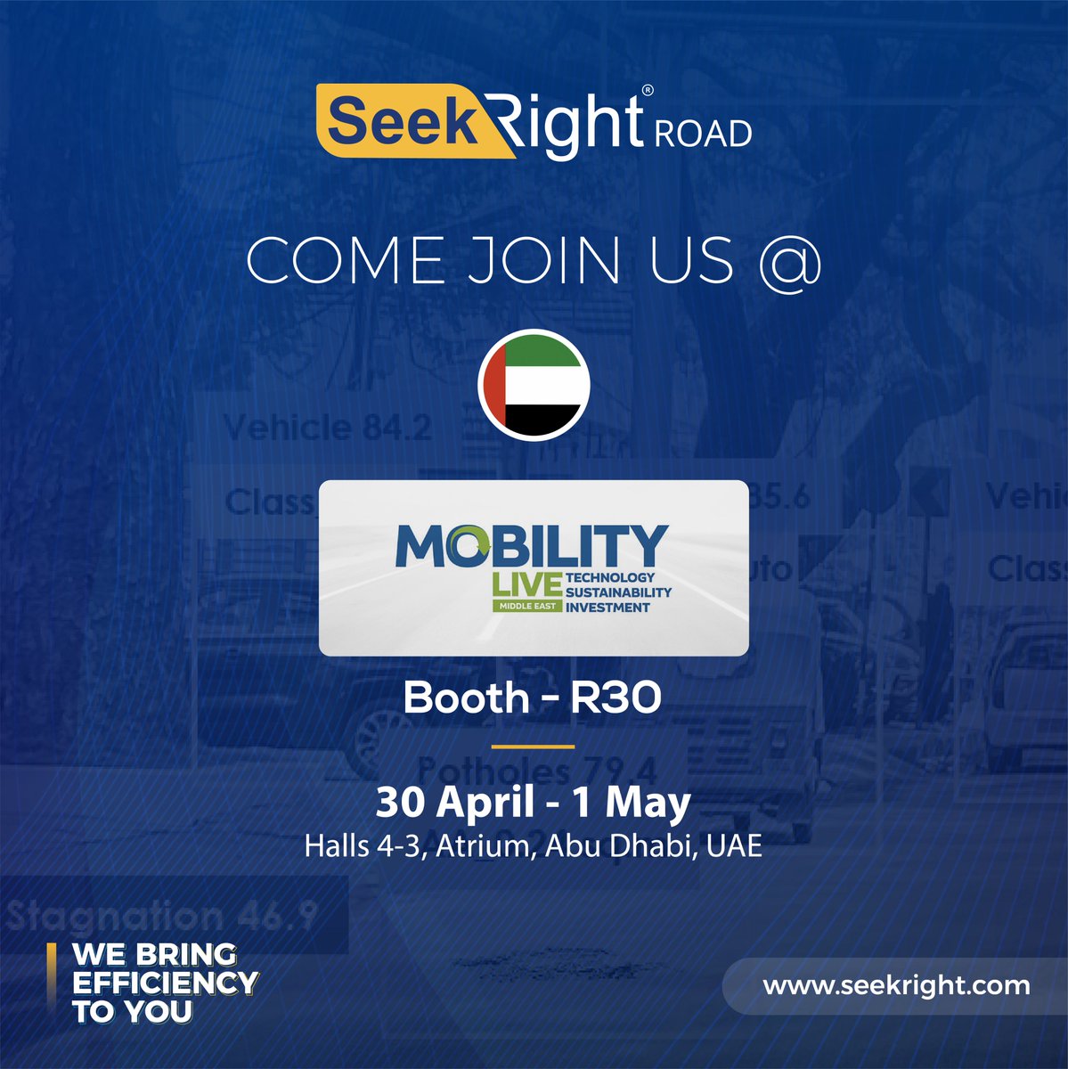 WE ARE EXCITED TO SEE YOU!

Join us tomorrow at Mobility LIVE Middle East, Abu Dhabi, UAE 🇦🇪

SeekRight - We Bring Efficiency To You!

#SeekRight #MobilityLIVE #AbuDhabi #UAE