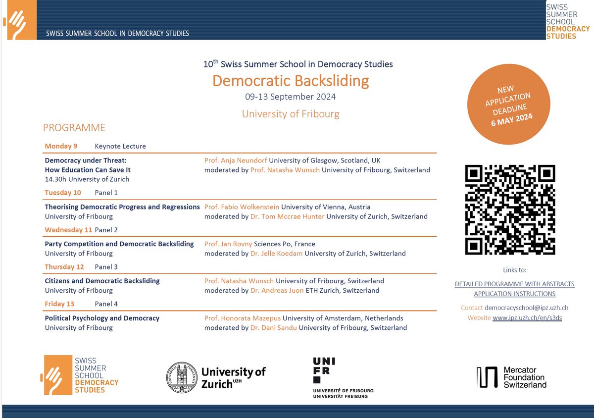Democracy Studies (@uzh_democracy) on Twitter photo 🟠#S3DS2024 on #DemocraticBacksliding
📅9 - 13 September 2024
📍<a href="/unifr/">Uni Fribourg</a> and <a href="/UZH_en/">University of Zurich</a>
with🔑<a href="/AnjaNeundorf/">Anja Neundorf</a>
🔸Fabio Wolkenstein & <a href="/TomMcCraeHunter/">Tom McCrae Hunter</a>
🔸<a href="/JanRovny/">Jan Rovny</a> & <a href="/Jelle_Koedam/">Jelle Koedam</a>
🔸Natasha Wunsch & <a href="/andijot/">andijot.bsky.social</a>
🔸<a href="/HMazepus/">Honorata Mazepus</a> & <a href="/DaniSandu7/">Dani Sandu</a>
APPLY NOW➡️ t.uzh.ch/1FJ till May 6‼️ 🟠#S3DS2024 on #DemocraticBacksliding
📅9 - 13 September 2024
📍<a href="/unifr/">Uni Fribourg</a> and <a href="/UZH_en/">University of Zurich</a>
with🔑<a href="/AnjaNeundorf/">Anja Neundorf</a>
🔸Fabio Wolkenstein & <a href="/TomMcCraeHunter/">Tom McCrae Hunter</a>
🔸<a href="/JanRovny/">Jan Rovny</a> & <a href="/Jelle_Koedam/">Jelle Koedam</a>
🔸Natasha Wunsch & <a href="/andijot/">andijot.bsky.social</a>
🔸<a href="/HMazepus/">Honorata Mazepus</a> & <a href="/DaniSandu7/">Dani Sandu</a>
APPLY NOW➡️ t.uzh.ch/1FJ till May 6‼️