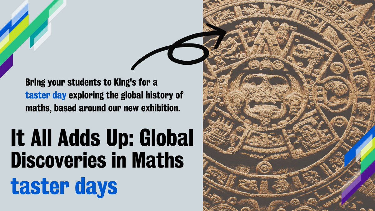 Here's a day out to remember! 🎒 Bring your students to King's for a taster day exploring the global history of maths, based around our new exhibition. 🌍 ➕ Sessions run 10:15 – 14:30 ⏰ from 5-25 June 📅. Register today: loom.ly/qu313Ck