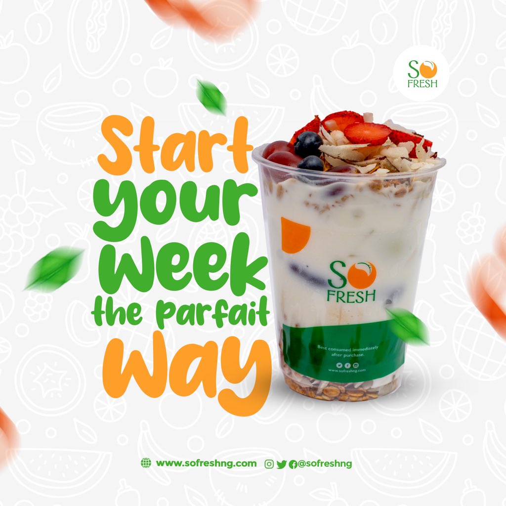 Good vibes all week with our creamy, fresh and healthy parfait! Treat yourself to a cup of parfait and thank me later🤭. Feel free to take a picture and tag us @sofreshng We’d love to see your parfait happiness! ORDER here sofreshng.com/menu and start your week right!