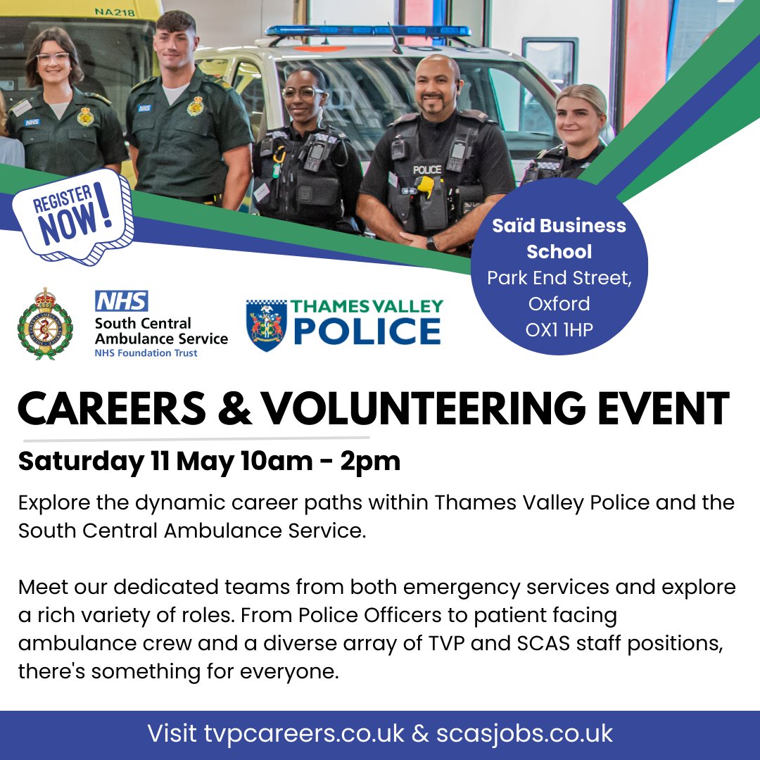 🚨 Join us at The Said Business School, Oxford for our Careers and Volunteering Event! Explore diverse career paths & volunteering options with TVP and South Central Ambulance Service. Meet our experienced staff and kickstart your journey! Register now at orlo.uk/FgWcJ