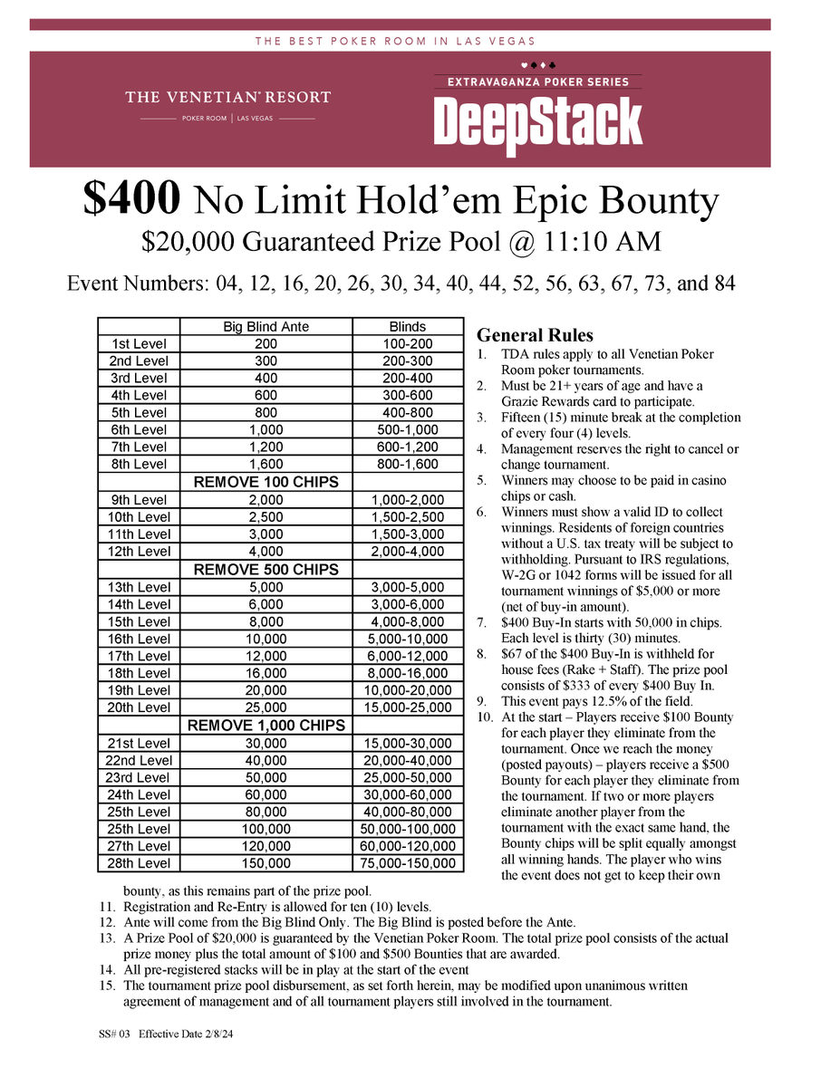 Registration is open for today's 11:10 AM DeepStack Extravaganza Event #52 $400 NLH Epic Bounty (1Day) poker tournament. - $20,000 guarantee - 50,000 chips - 30-minute levels - $100/$500 bounties - Pays 12.5% of field - Reg closes ~4:40 PM