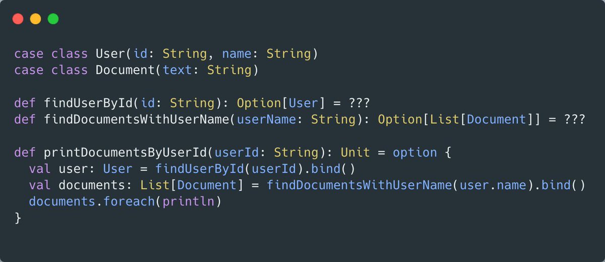 It's common to compose some #Scala functions that return options. Avoid using 'map'  and 'flatMap' at all, binding them to happy path values using #Raise4s.

It's direct-style Scala at its maximum power!