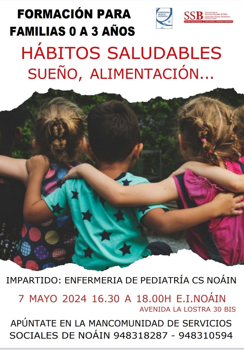 Formación para familias 0-3
'Hábitos saludables'
🗓️ 7 de mayo
🕝16:30 a 18:00
🏫 Escuela infantil Noáin 

#Prevención #infancia #ssbnoain