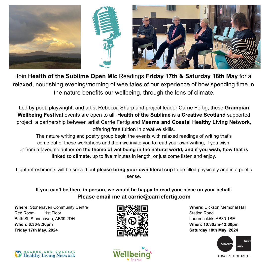 Health of the Sublime Open Mics, May 17th & 18th, Grampian Wellbeing Festival! Open to all & free. Led by Rebecca Sharp + myself, expect nature, nurture, climate, and a fabulous, thought  provoking time. #wellbeing #NatureWriting #creativescots #climatechange #ecopoetry #poetry