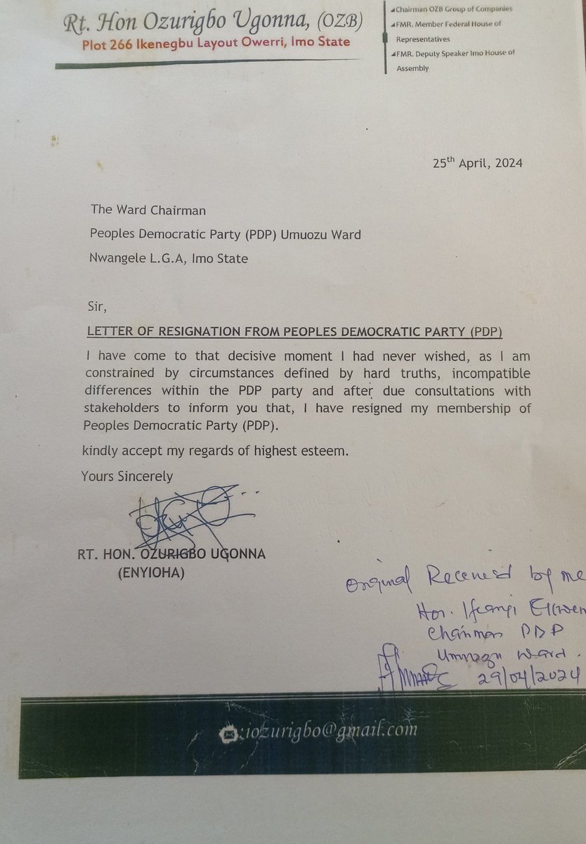 I have resigned my membership of the @OfficialPDPNig It was a difficult action but it had to be done following the decay in the party and too many differences. I wish the party well in its future endeavours.