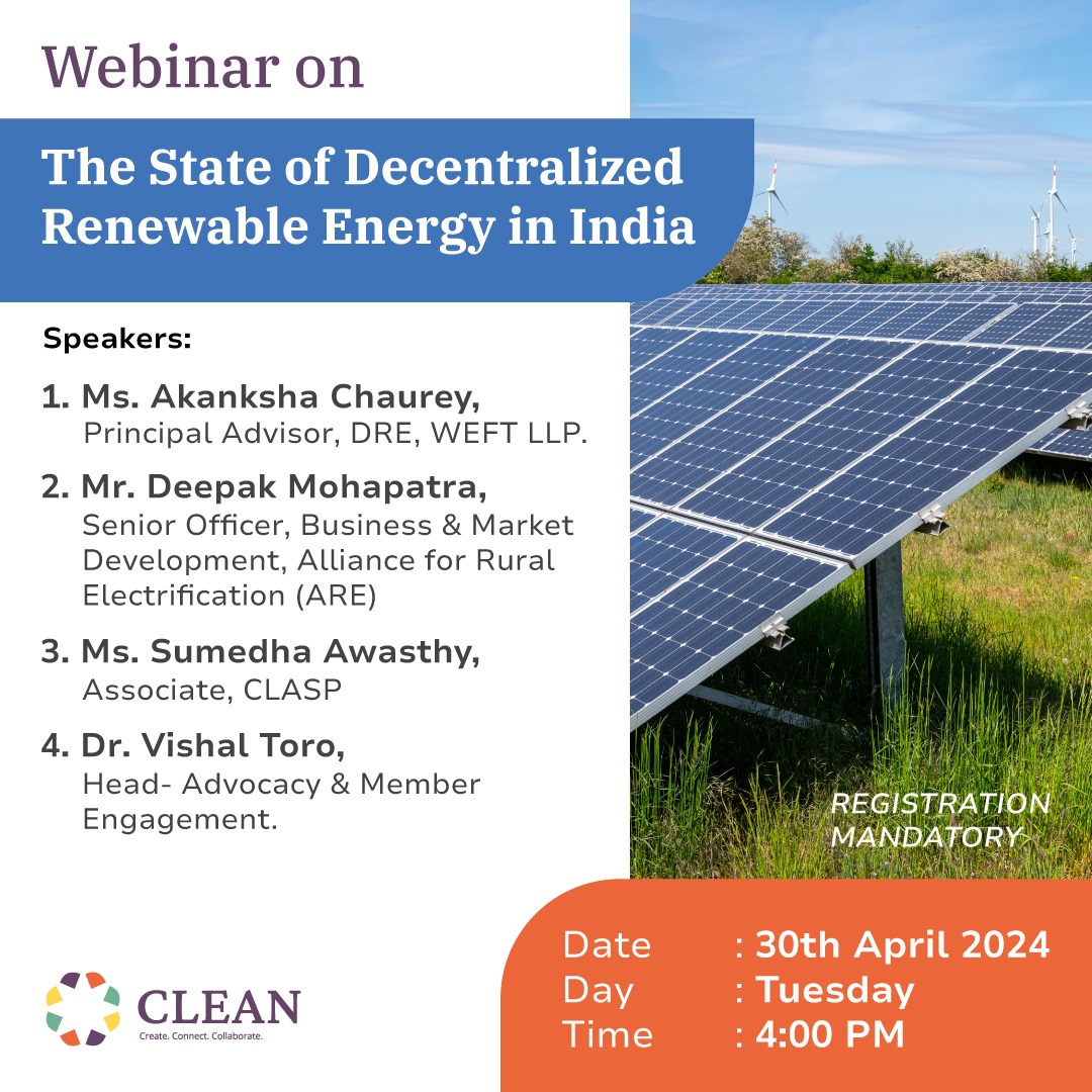 We are excited to invite you all for a webinar on the title 'The State of Decentralized Renewable Energy in India'. 📅 Date: April 30th, 2024, Tuesday 🕓 Time: 4:00 PM We are thrilled to share that we've curated an exceptional lineup of speakers for this webinar, all of whom…