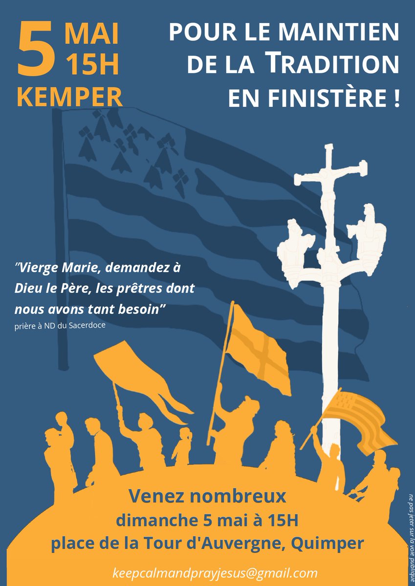 ✝️ Appel aux Bretons : le dimanche 5 mai à 15h, place de la Tour d’Auvergne à Quimper, manifestez pour le maintien de la messe traditionnelle et contre la décision du diocèse de mettre fin à la convention avec la Fraternité Sainte Pierre.