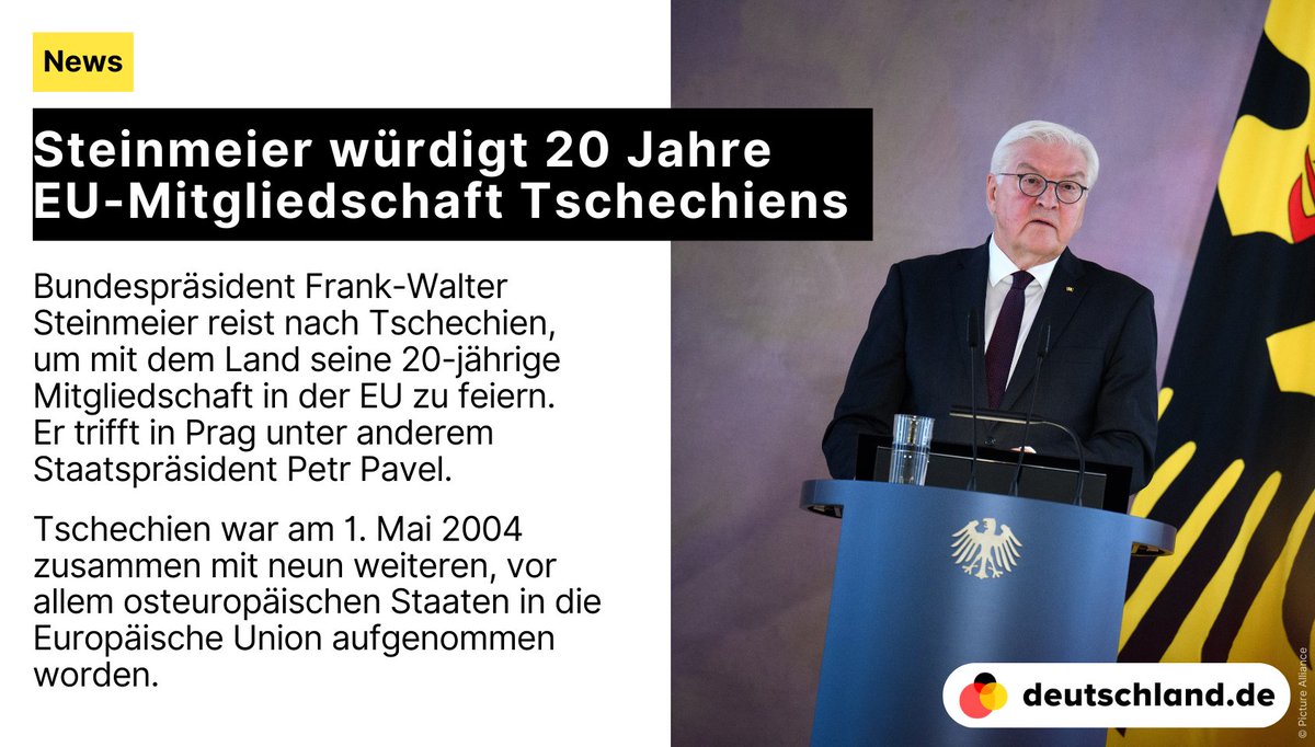 +++ Steinmeier würdigt 20 Jahre EU-Mitgliedschaft Tschechiens 🇩🇪 Hier findest du die wichtigsten Informationen über die #Außenpolitik und internationalen Beziehungen Deutschlands. 👉 spkl.io/601442eFw #NewsDE #EU #Tschechien #EuropäischeUnion