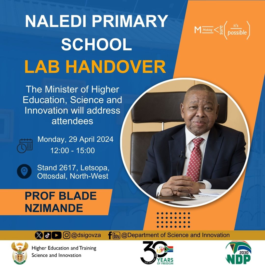 Minister of Higher Education, Science and Innovation, Prof Blade Nzimande will address attendees on the occasion of a computer lab handover today, Monday 29 April 2024 at Naledi Primary School in Ottosdal, North-West. Stream @dsigovza on Youtube #NalediLabHandover #Itspossible