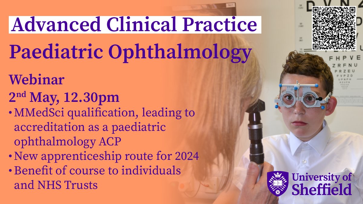 Join course lead @CodinaCharlotte for a webinar about our #ACP Paediatric Ophthalmology MMedSci which has a new #apprenticeship route for 2024. 2 May, 12.30pm Register: sheffield.ac.uk/postgraduate/t… Suitable for individuals and NHS Trusts @NHSuk #CPD @BIOS_Orthoptics