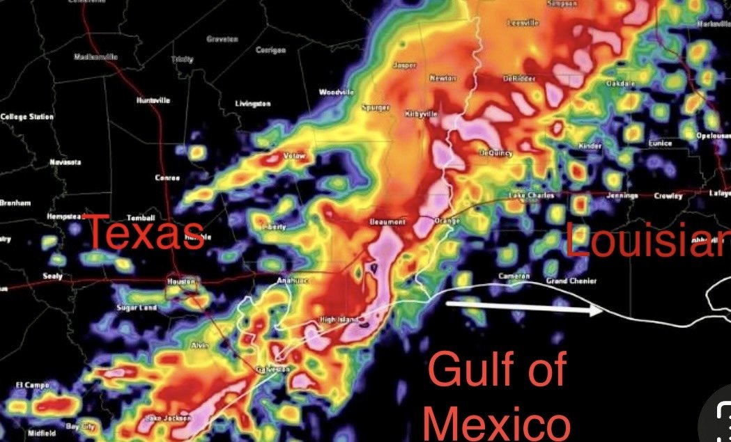 Not sure what surprised me more, the hurricane force winds, the wave of falling water, the take shelter now warnings, or how fast 150 pounds of scared dog can reach the bed 🤣🤣🤣  Get ready Louisiana, it's a #WeatherRodeo
 #TexasWeather #Louisiana