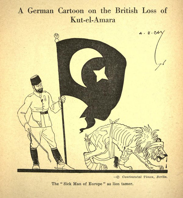 İngilizleri Kutü'l Amare'deki hezimetleri dolayısıyla 'Avrupa'nın hasta adamı' olarak resmeden Alman yapımı bir karikatür.