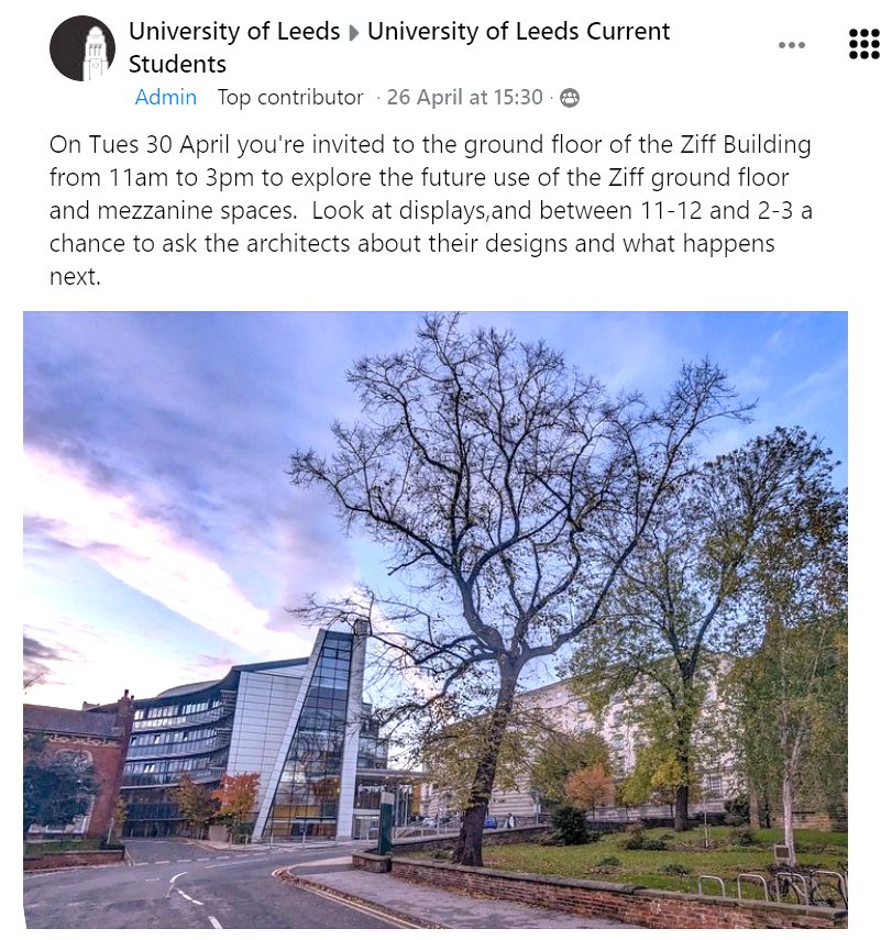 Fresh plans are being revealed for use of the Ziff building's ground floor areas, below where we are based. Students/ staff ~ interested in seeing what's on the cards next? Examine plans tomorrow Tues 30th April...