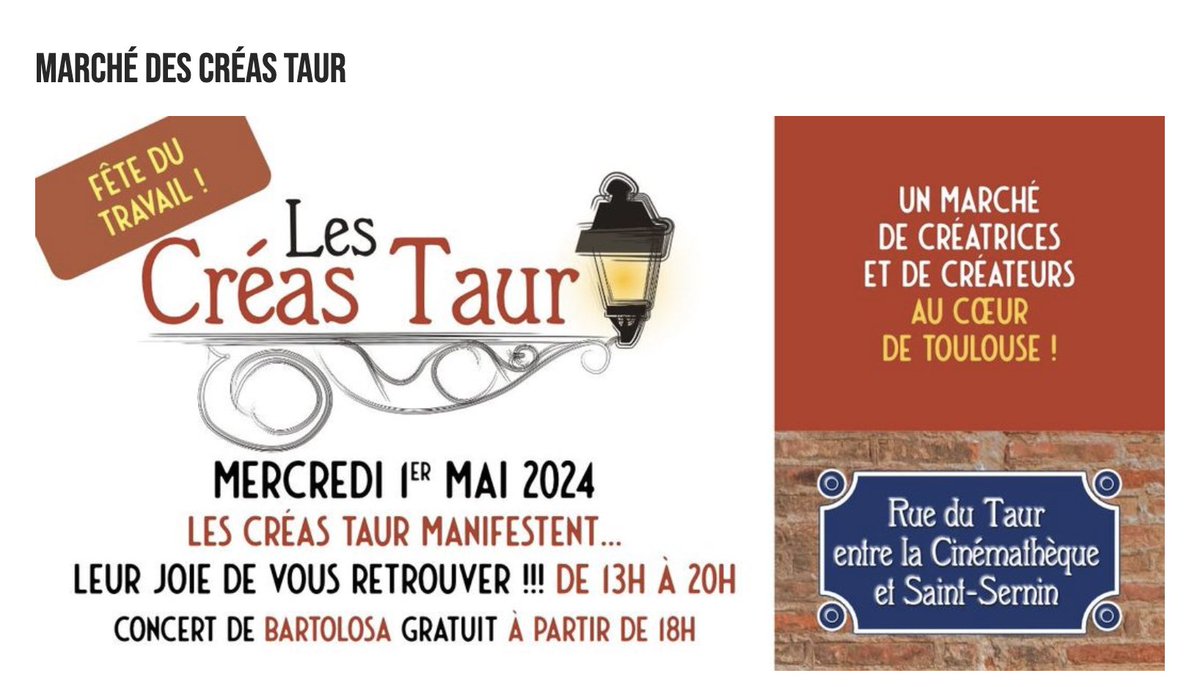 🛍️ Un marché de créateur et de créatrices mercredi après-midi en plein coeur de #Toulouse ! 📅 1er mai de 13h à 20h 📍 Rue du Taur #visiteztoulouse