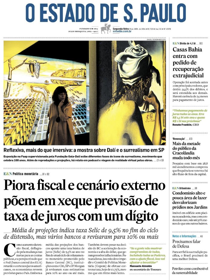 Capa do Estadão de hoje. Você tá bem Lula? Porque o Brasil vai mal amigão... Com esse juros aí, só teus amigos banqueiros estão felizes.