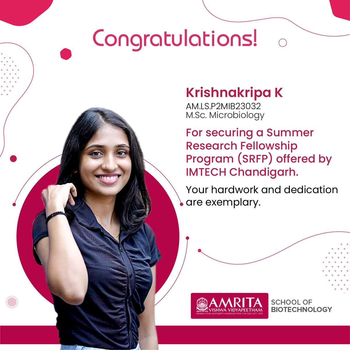 Congratulations to our exceptional students for securing Summer Internship Fellowships. We are wishing you a fantastic learning experience and success in your future endeavours!

#InternshipSuccess #StudentAchievement #sif #amrita #amritabio #asbt