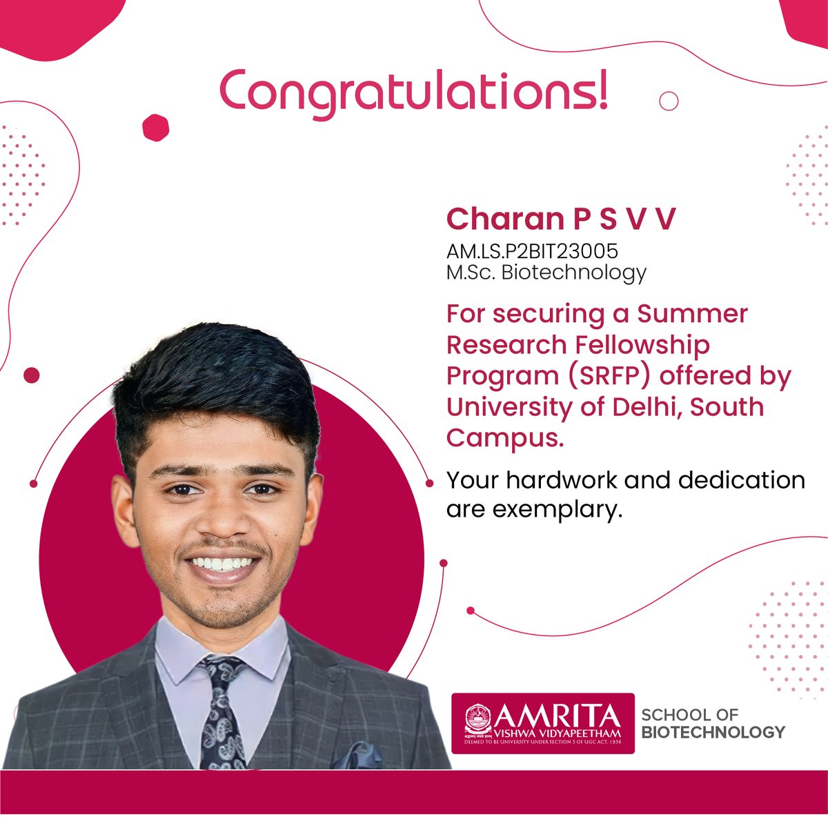 Congratulations to our exceptional students for securing Summer Internship Fellowships. We are wishing you a fantastic learning experience and success in your future endeavours!

#InternshipSuccess #StudentAchievement #sif #amrita #amritabio #asbt