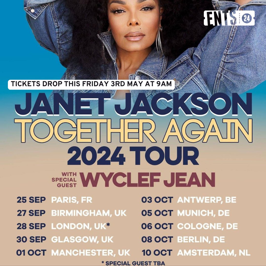 🎶 @JanetJackson is bringing her 'Together Again' tour to the UK this Autumn! 🍂 She will be joined by @wyclef on all dates except London, where the special guest is TBC. 🎟️ Tix drop this Fri 3rd May at 9am: 👉 ents24.com/uk/tour-dates/… 🎤✨ #JanetJackson #WyclefJean #thefugees