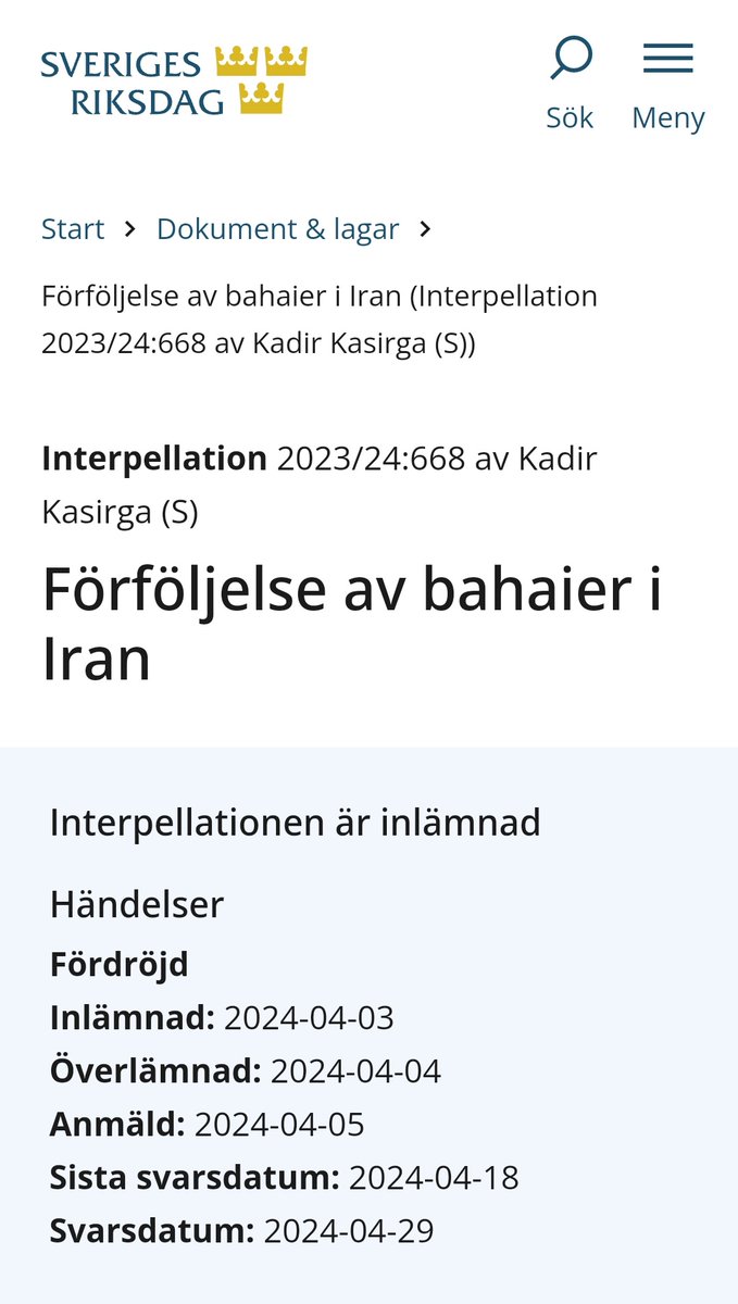 Right now: Parliamentary debate on the persecution of #Bahai-s in #Iran with Minister for Foreign Affairs of Sweden @TobiasBillstrom. The debate has been initiated by MP @kasirga_kadir. Link to live broadcast in comments.