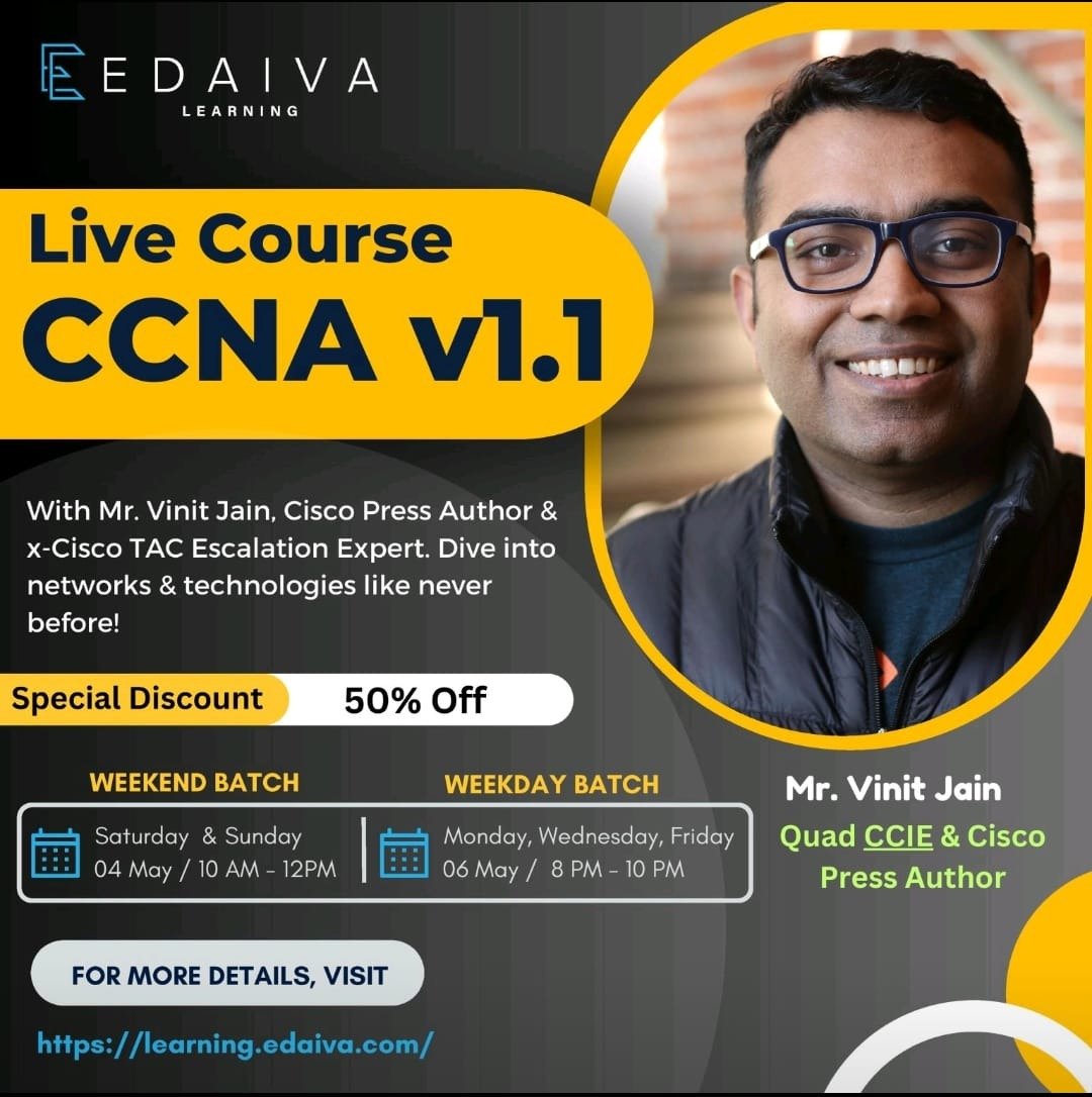 Vinit Jain (@vinugenie) on Twitter photo Hi Friends, I am starting a new batch of CCNA v1.1 this coming saturday. Please share with anyone who is interested in learning or pursuing CCNA.
#networkengineering <a href="/networking/">Connor Burke</a> #edaiva #ccna #ciscocertification Hi Friends, I am starting a new batch of CCNA v1.1 this coming saturday. Please share with anyone who is interested in learning or pursuing CCNA.
#networkengineering <a href="/networking/">Connor Burke</a> #edaiva #ccna #ciscocertification