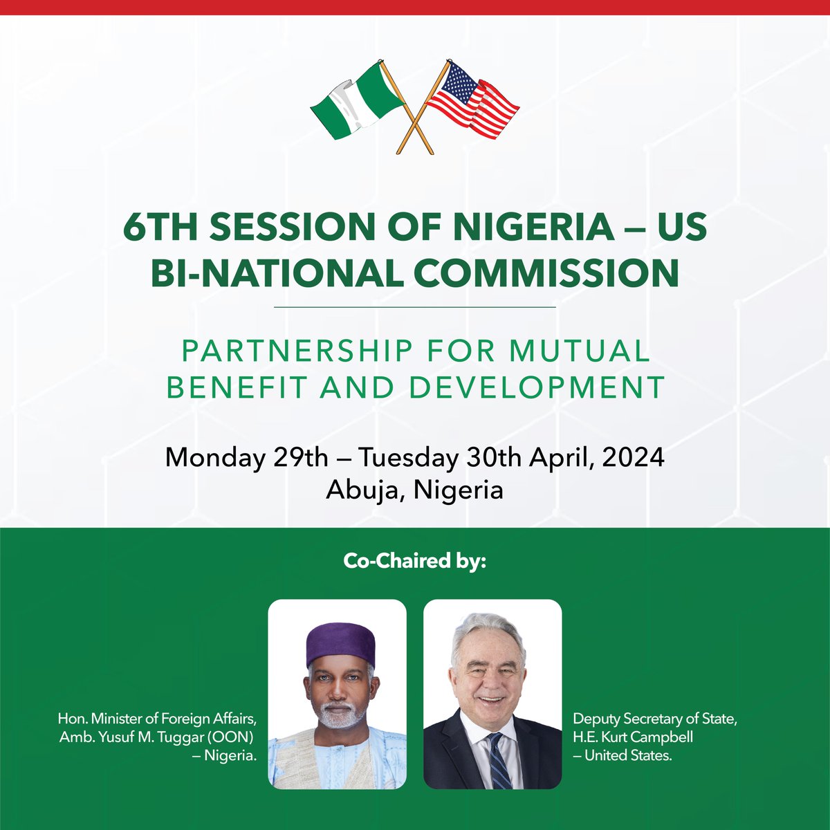 Nigeria is set to host the 6th Session of the Nigeria-US Bi-National Commission (BNC) in Abuja on April 29th-30th, 2024. I am honoured to co-chair this important event with @DeputySecState H.E. Kurt Campbell, aiming to enhance cooperation between our nations. #NigeriaUSBNC2024