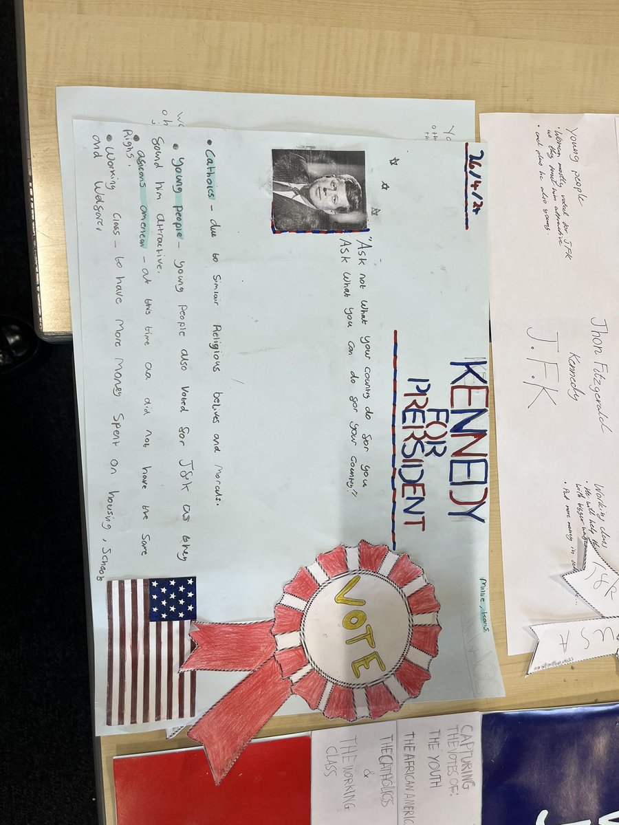 Last week my second year class worked cooperatively to create campaign posters for JFK 🇺🇸 They focused on the election process and JFK supporters! Great creativity from all 🗳️@stbenedictsren @socsubsstbens