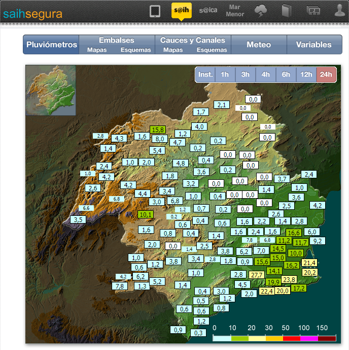 🌧️Precipitaciones registradas por visor #SAIH de @chsriosegura en las⌛️últimas 24 horas. ➡️Destacan los 27,7 mm #Cedacero, los 23,8 en #Perín o los 21,4 mm caídos en la rambla de #CaboNegro #CampoCartagena. ☔Lluvias más destacadas en el litoral de la cuenca del #ríoSegura.