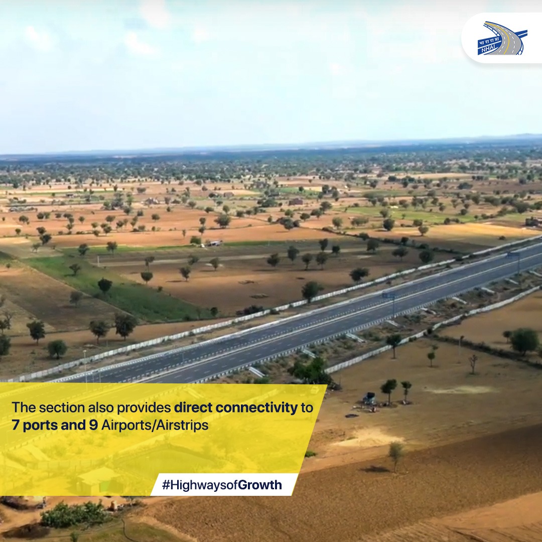 The 6-lane Greenfield section of the #Amritsar-#Jamnagar Economic Corridor, connecting Hanumangarh to Jalore, has reduced travel time and improved connectivity between major cities of #Punjab, #Haryana, #Rajasthan and #Gujarat. #NHAI #HighwaysofGrowth