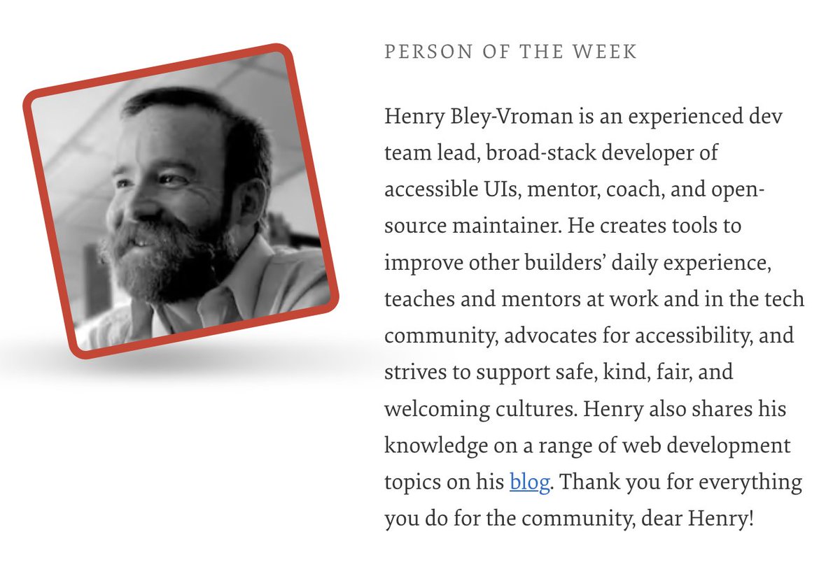 Smashing Magazine 🇺🇦 🏳️🌈 (@smashingmag) on Twitter photo Our Person of the Week is a dev team lead, accessibility advocate, mentor, coach, and open-source maintainer. Drumrolls, please, for... Henry Bley-Vroman!
Thank you for everything you do for the community, dear <a href="/oletsdev/">@olets@hachyderm.io</a>!
#smashingcommunity Our Person of the Week is a dev team lead, accessibility advocate, mentor, coach, and open-source maintainer. Drumrolls, please, for... Henry Bley-Vroman!
Thank you for everything you do for the community, dear <a href="/oletsdev/">@olets@hachyderm.io</a>!
#smashingcommunity