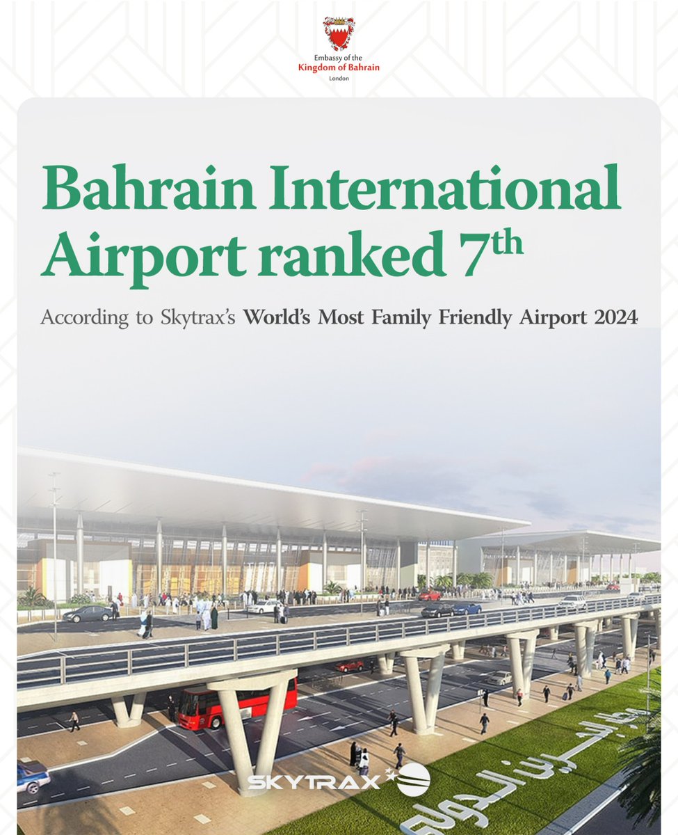 Bahrain International Airport, ranked 7th most family friendly in the world, according to @skytrax_uk, looks forward to welcoming you to #Bahrain 🇧🇭. Congratulations to all those whose hard work made this award possible.