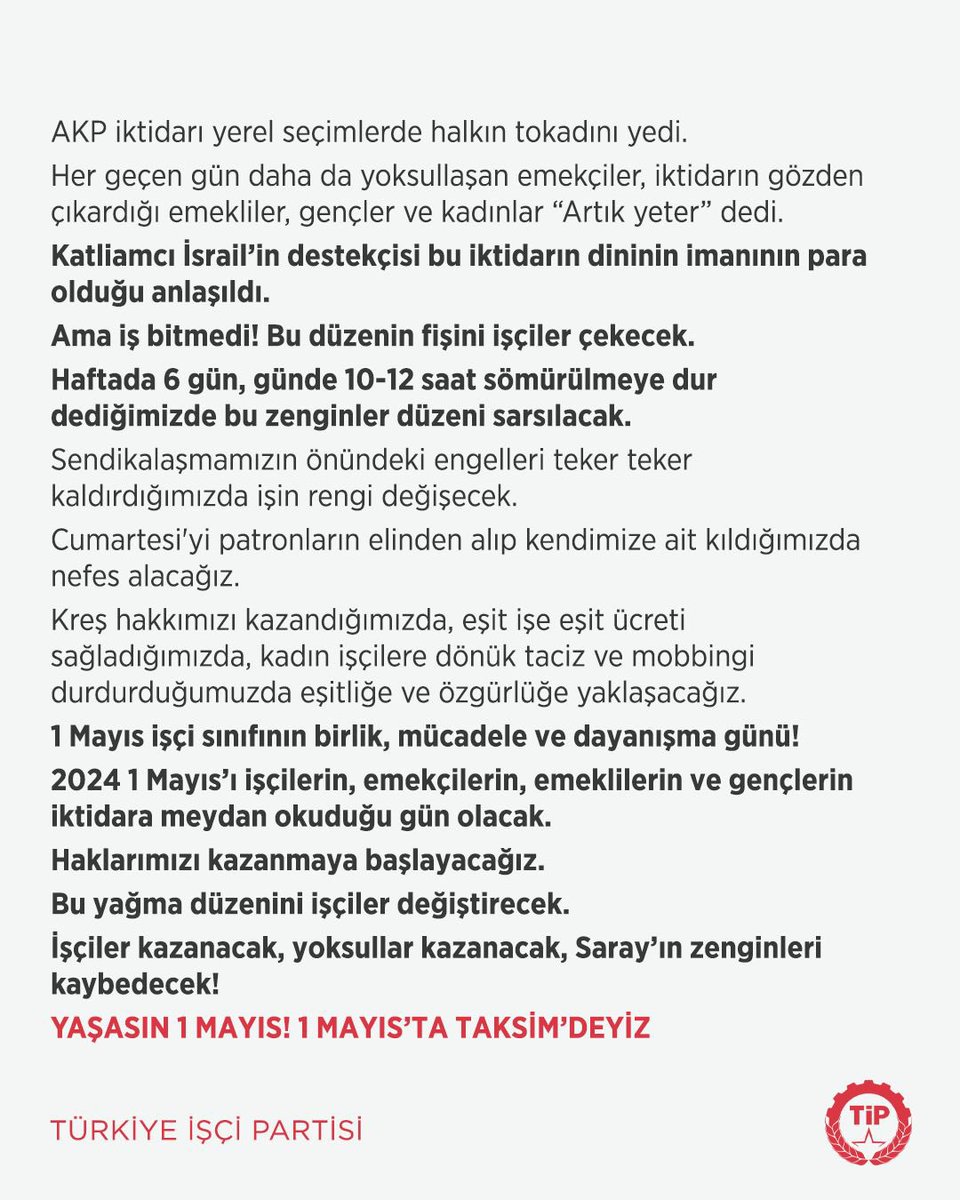 tipgenelmerkez's tweet photo. Yaşasın #1Mayıs!

İşçiler kazanacak, yoksullar kazanacak, Saray’ın zenginleri kaybedecek.

1 Mayıs’ta Taksim’deyiz! https://t.co/g6a3yJDrHH