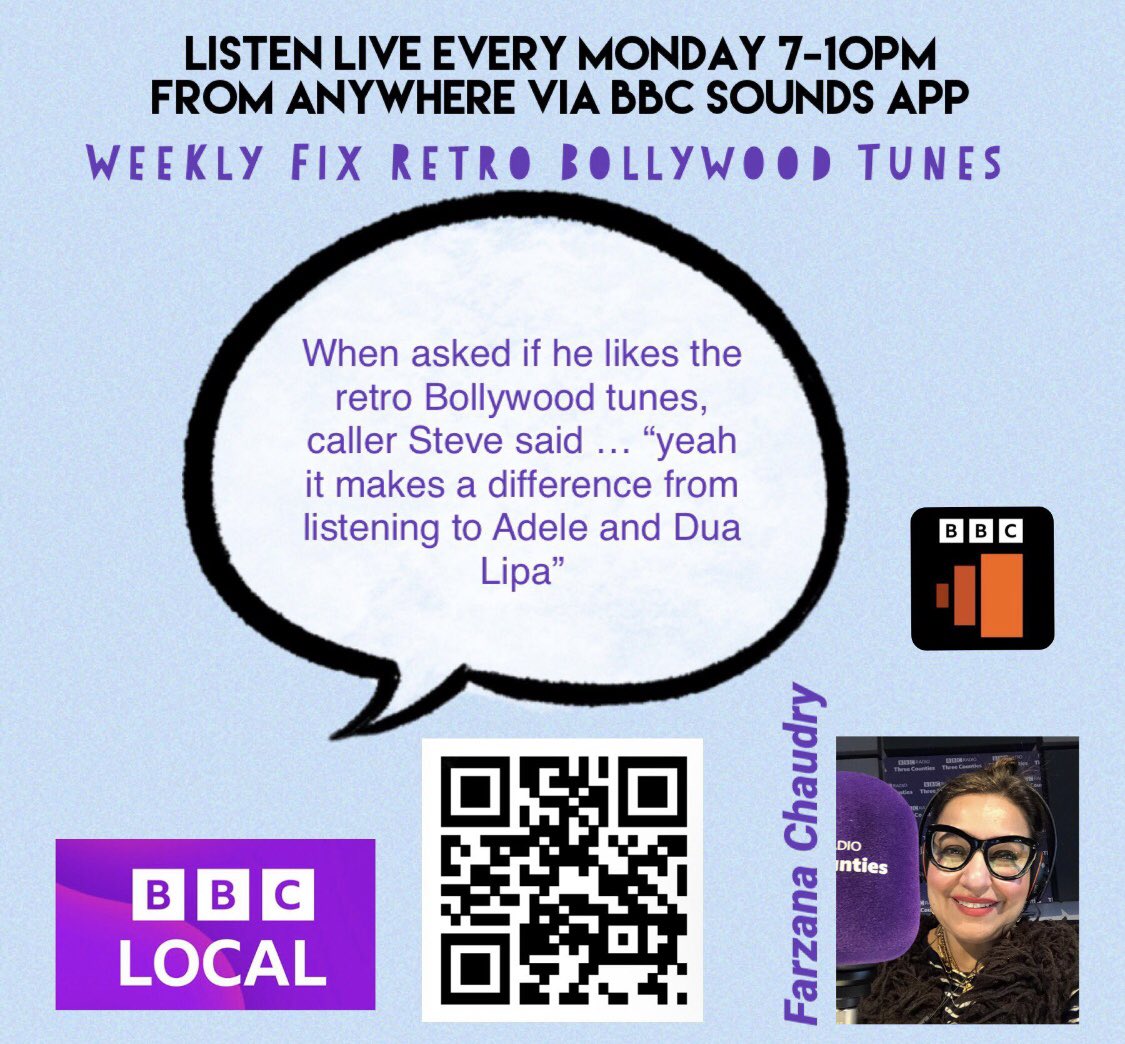 📻The soundtrack for Monday evenings. Tune in every Monday 7-10pm for your weekly fix of #retroBollywood tunes. 📻 Kicking off the show this evening with a cracking #ashabhosle banger #bemorelikesteve 📻Listen live/ demand via @BBCSounds Scan the QR code below