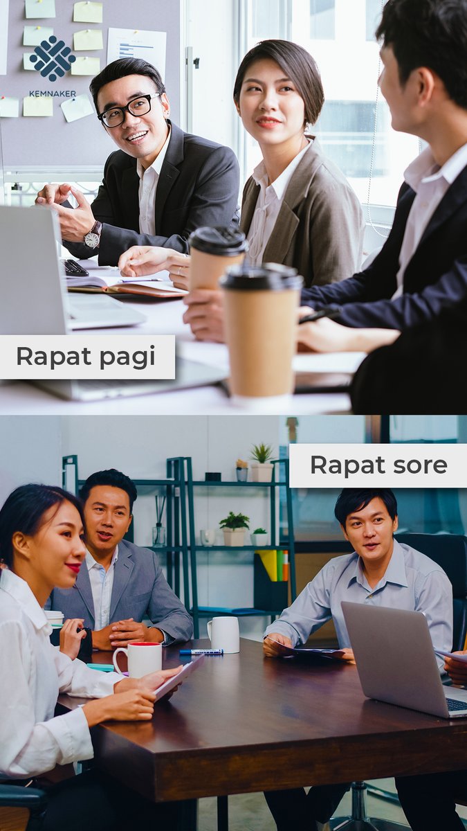 Rekanaker tim rapat pagi atau sore nih? 🌤️Rapat pagi meningkatkan produktivitas dan kolaborasi tim sejak awal 🌆Rapat sore dapat menjadi kesempatan untuk mengevaluasi pencapaian hari ini dan memungkinkan refleksi yg lebih mendalam