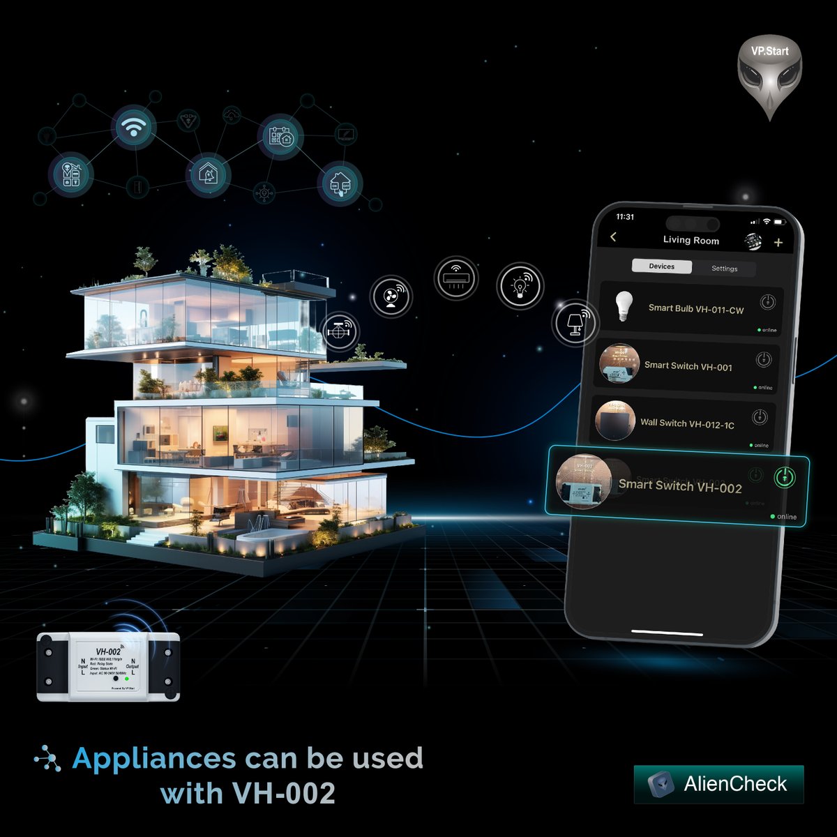 VH-002 is compatible with a wide range of appliances, including lamps, air conditioners, fans, small pumping machines, and more.

#VPStart #VH002 #AlienCheck #HomeVisionDevices #smarthome #iotdevices #virals #Cambodia