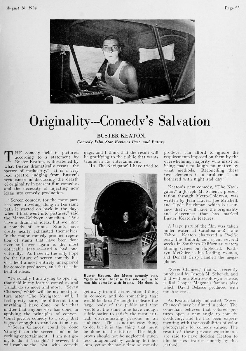 Originality---Comedy's Salvation Buster Keaton, Comedy Film Star Reviews Past and Future
-Exhibitor's Trade Review, August 16, 1924

#busterkeaton #damfino #oldhollywood #silentfilms