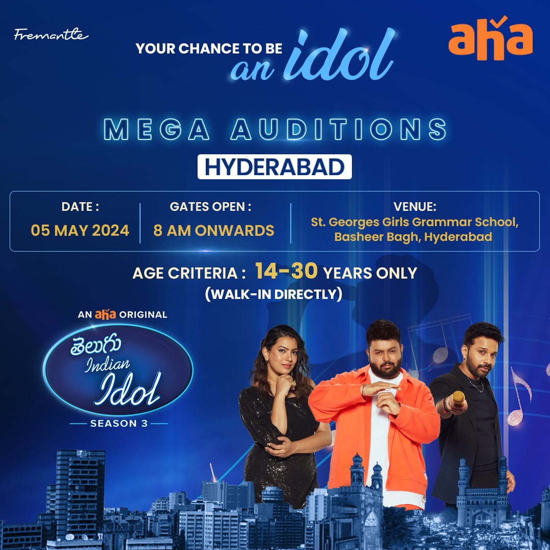 Hyderabad, get ready to take the stage! 🎤 Indian Idol Season 3 Mega Auditions on May 5th. Don’t miss this incredible opportunity. 🌟 @ahavideoin @musicthaman @singergeethamadhuri @karthikmusicexp @fremantleindia